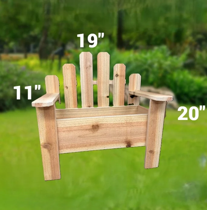 Smaller bench-shaped wooden planter box with a picket back and armrests.