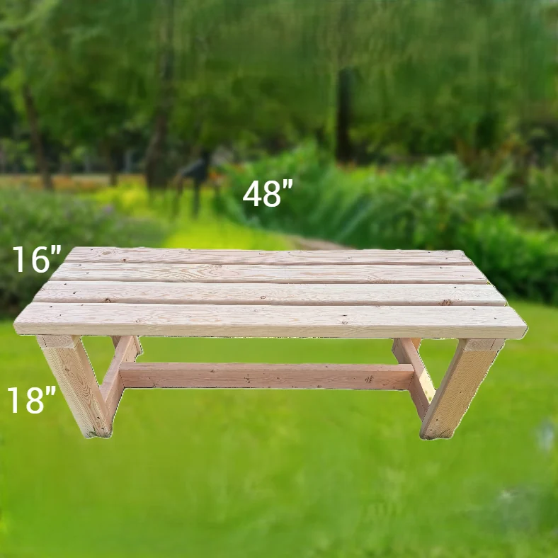Slatted wooden bench with angled legs and a centre stretcher.