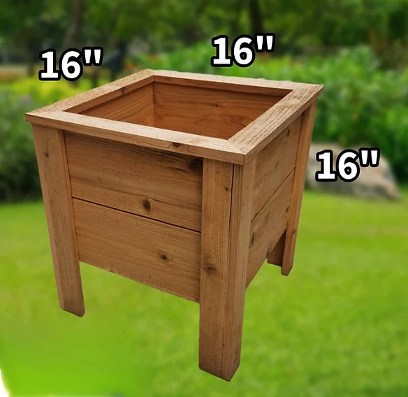 Cube-shaped wooden planter box with a wide top rail and corner posts.