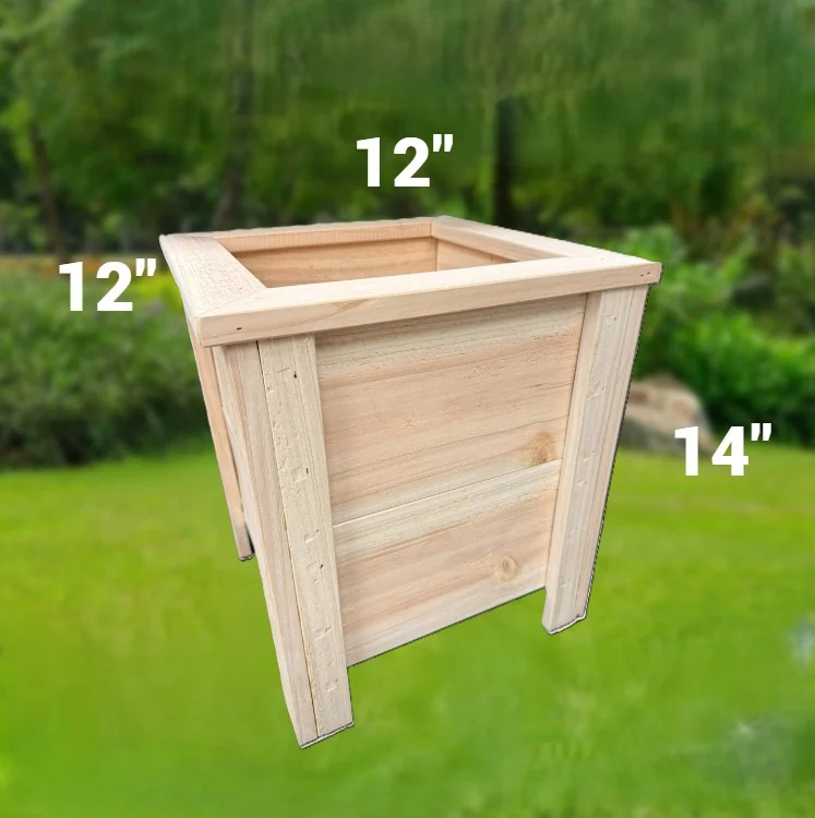 Pale wooden planter box, taller than it is wide, with corner posts.