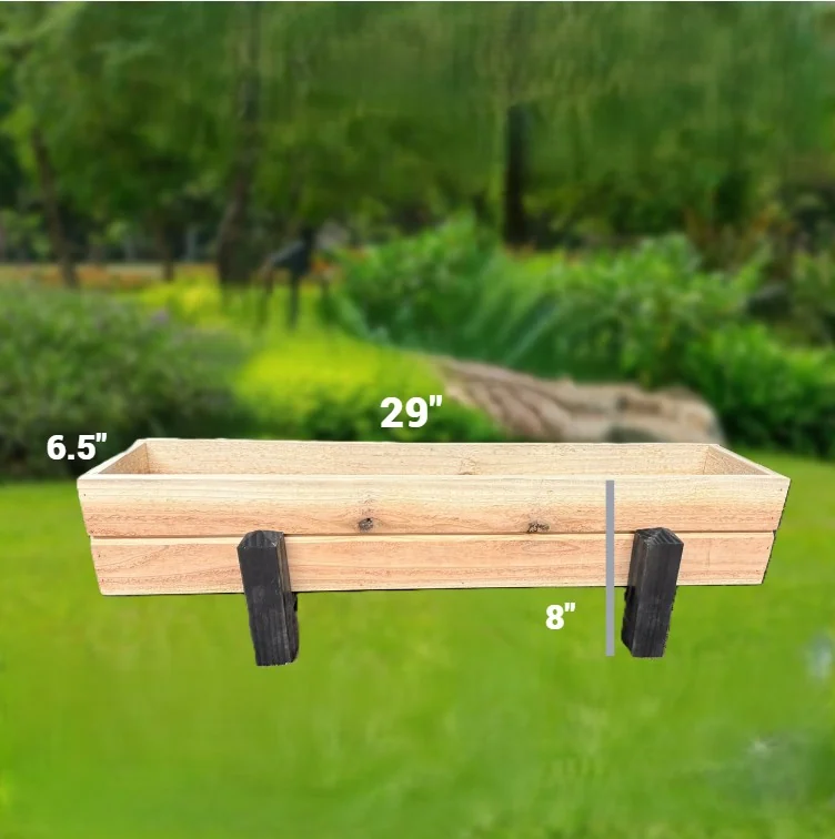 Long shallow wooden rail planter with dark mounting brackets.