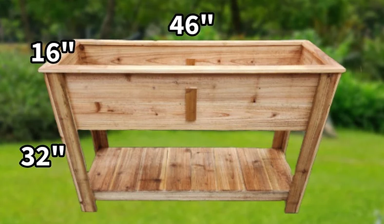 Waist-height raised garden bed on legs with a slatted lower shelf.