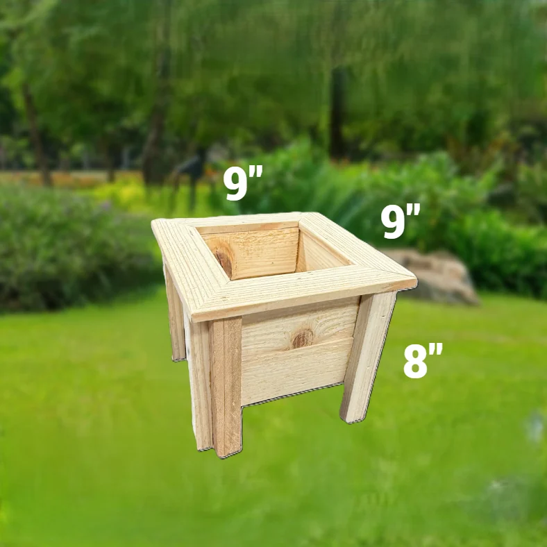 Square wooden planter box with a mitred top rail and corner legs.