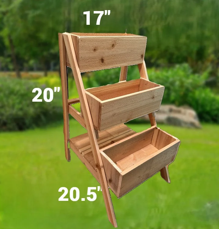 A-frame stand holding three angled wooden planter boxes at stepped heights.