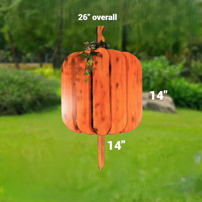 Orange-stained wooden pumpkin yard stake with a curled stem and ivy.